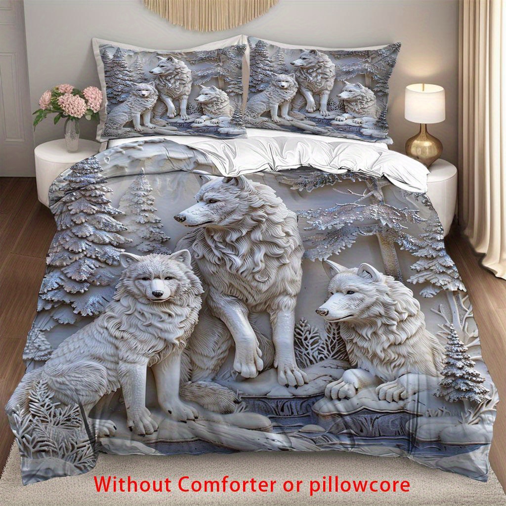 Duvet Insert White - 3D White Wolf & Forest Print